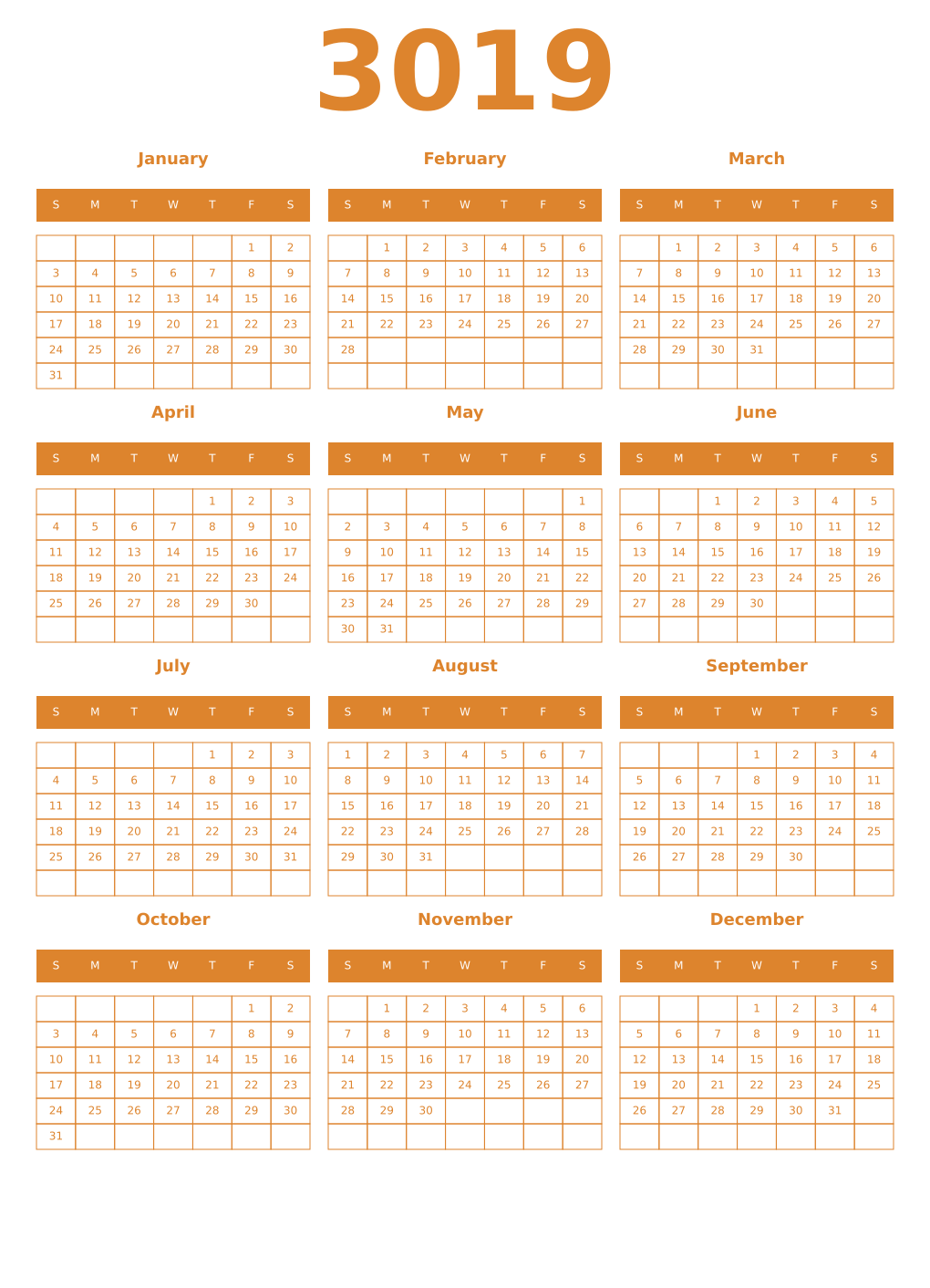 Printable 3019 Year Calendars orange