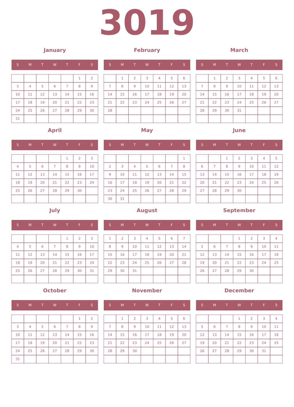 Printable 3019 Year Calendars puce