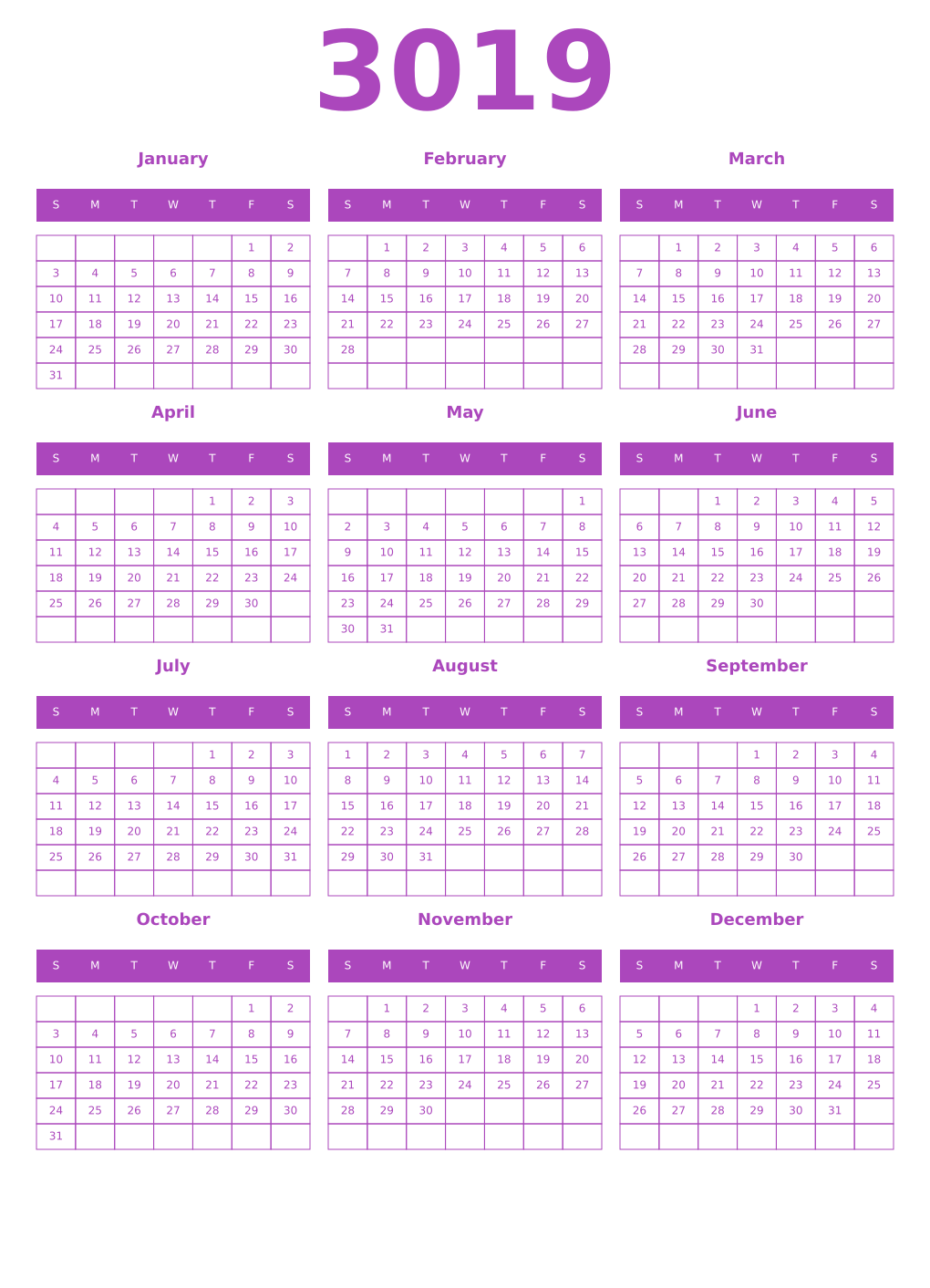 Printable 3019 Year Calendars purple