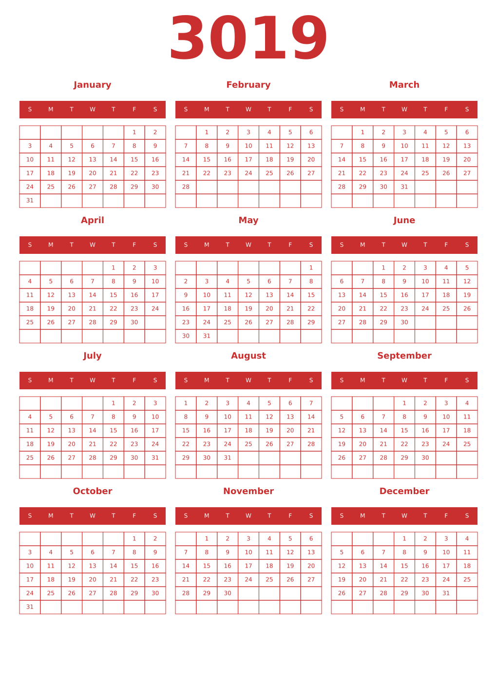 Printable 3019 Year Calendars red