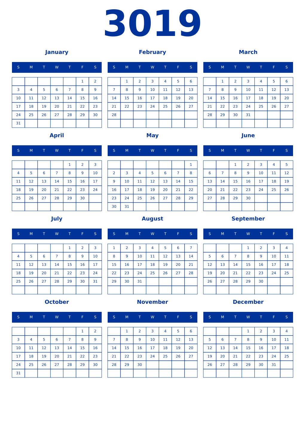 Printable 3019 Year Calendars smalt