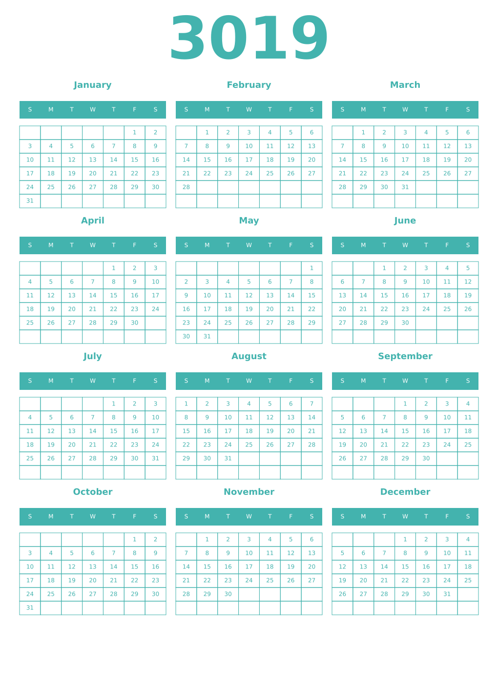 Printable 3019 Year Calendars verdigris