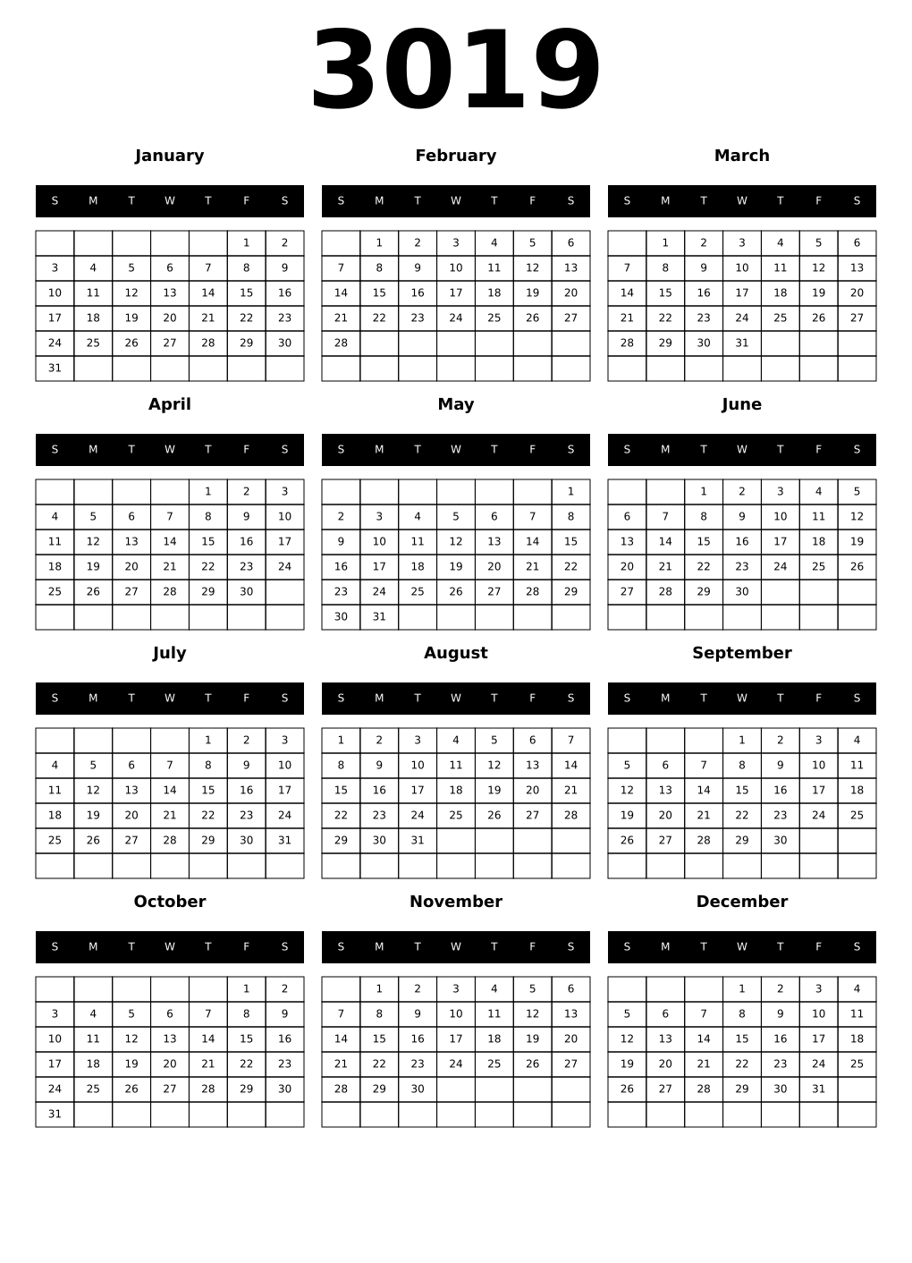 Printable 3019 Calendars
