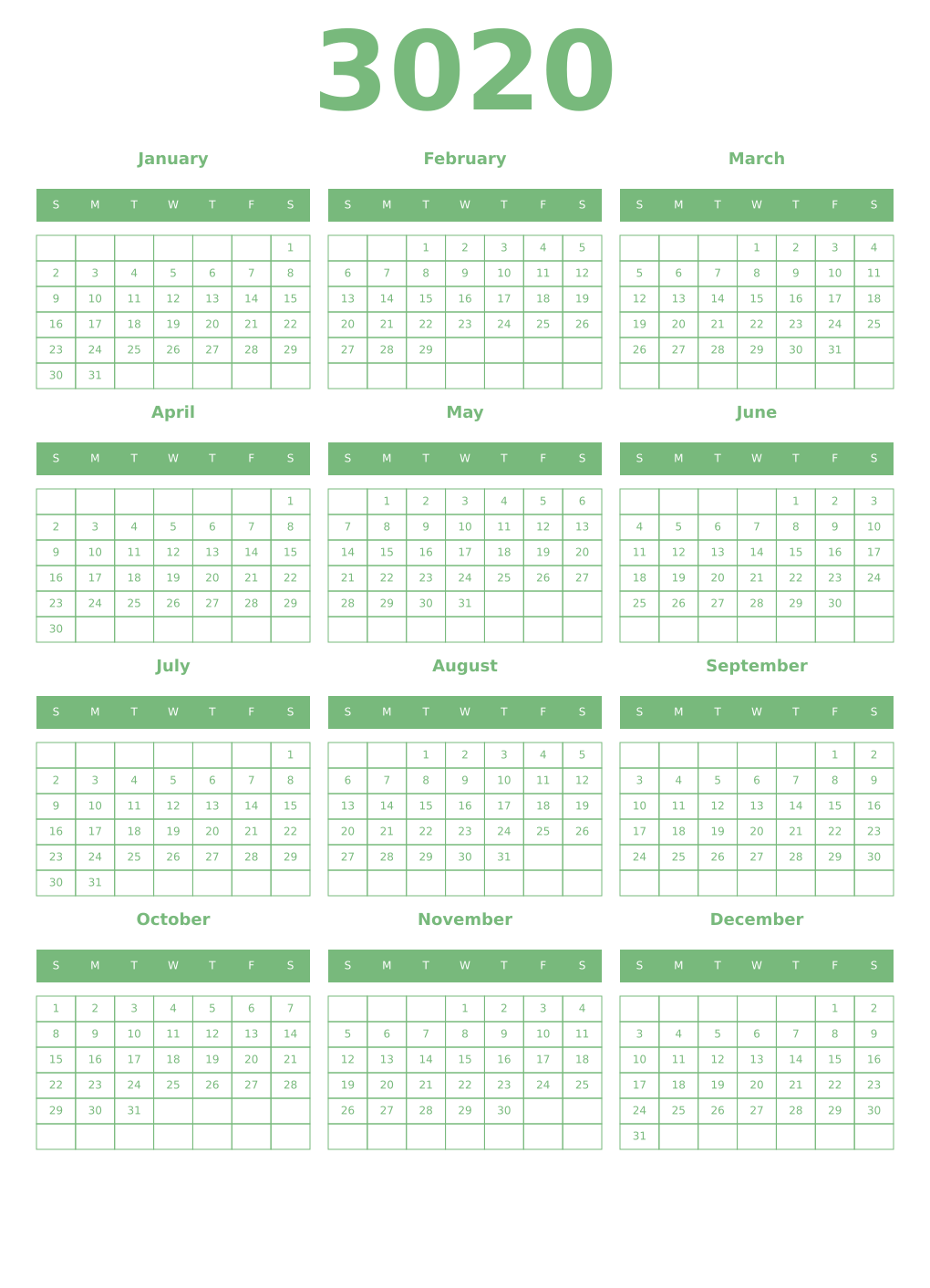 Printable 3020 Year Calendars celadon