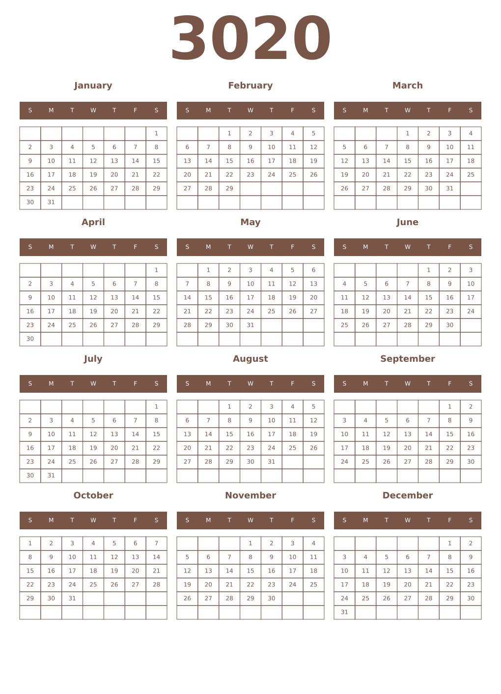 Printable 3020 Year Calendars coffe