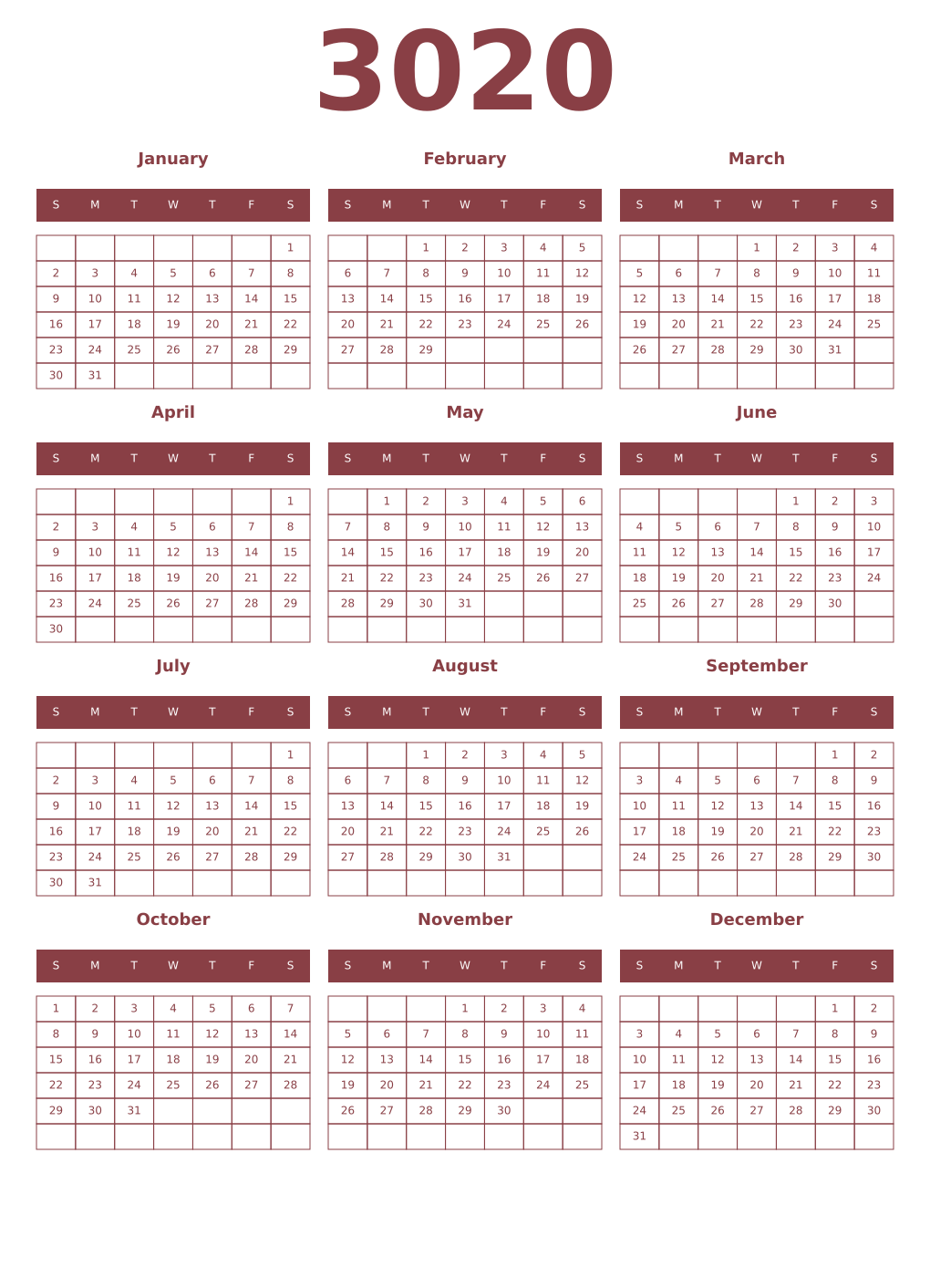 Printable 3020 Year Calendars cordovan