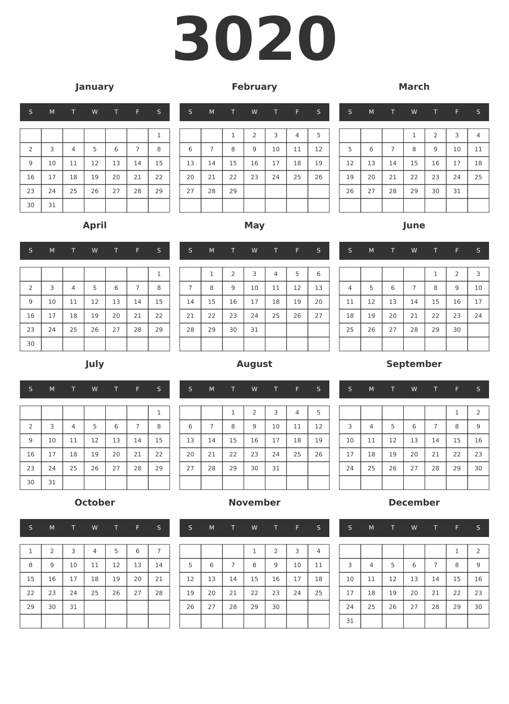 Printable 3020 Year Calendars dark