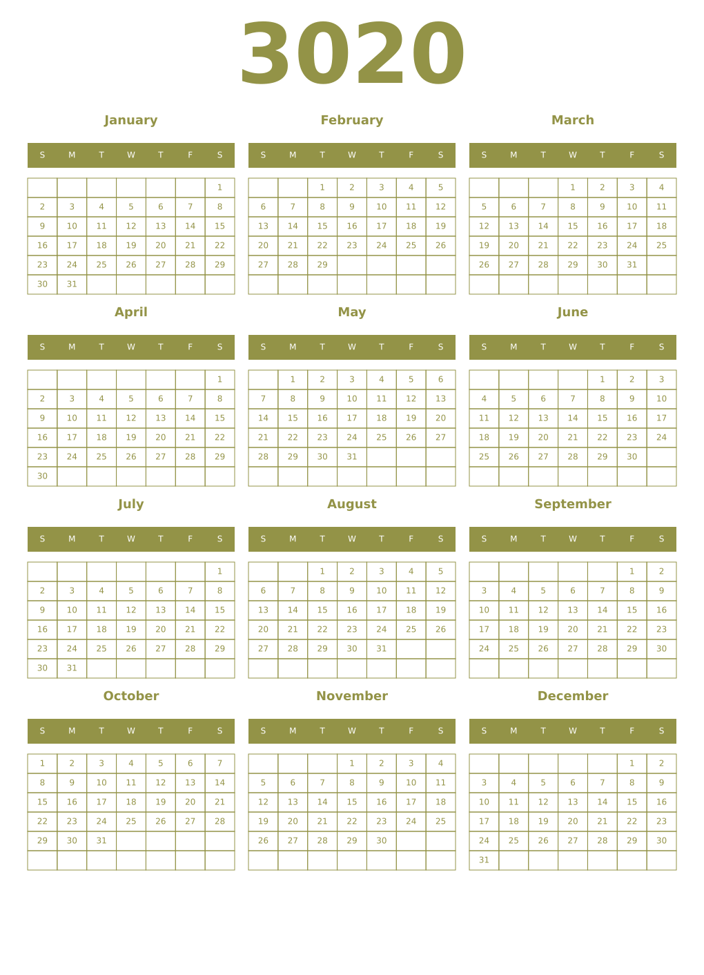 Printable 3020 Year Calendars eburnean