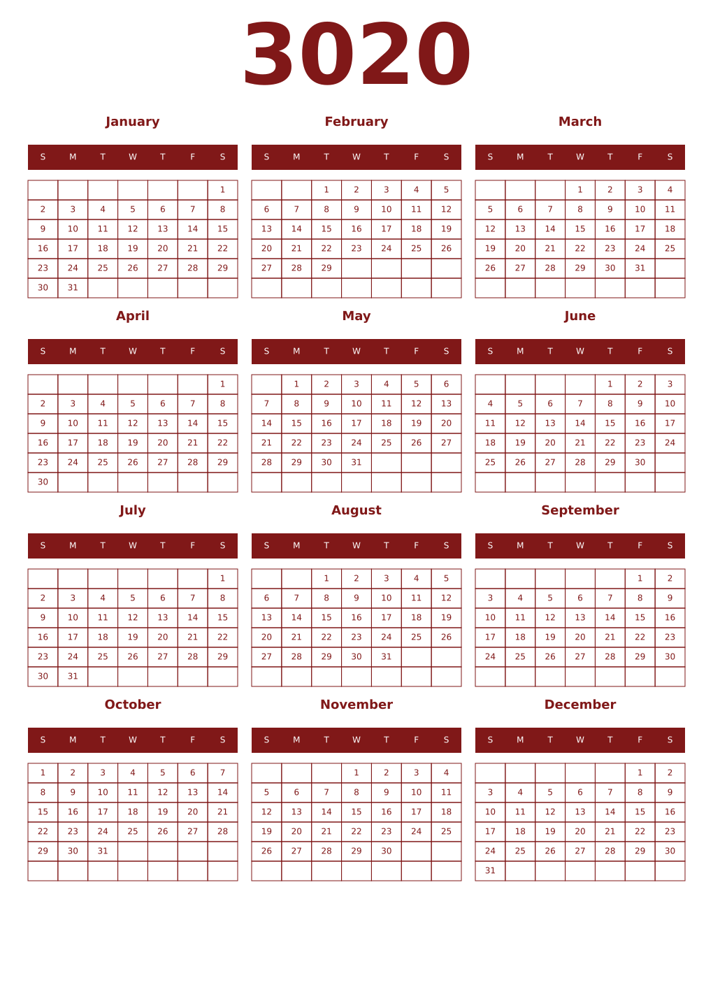 Printable 3020 Year Calendars falu