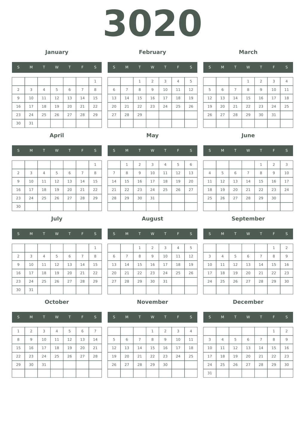 Printable 3020 Year Calendars feldgrau