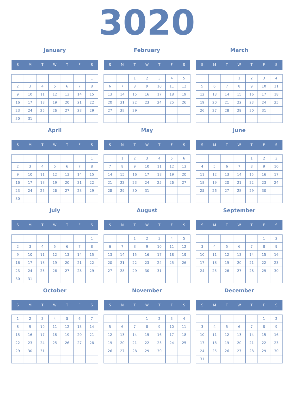 Printable 3020 Year Calendars glaucous