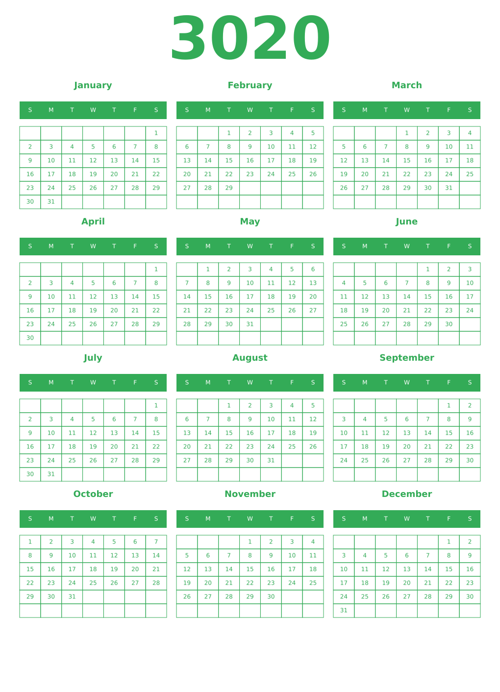 Printable 3020 Year Calendars green