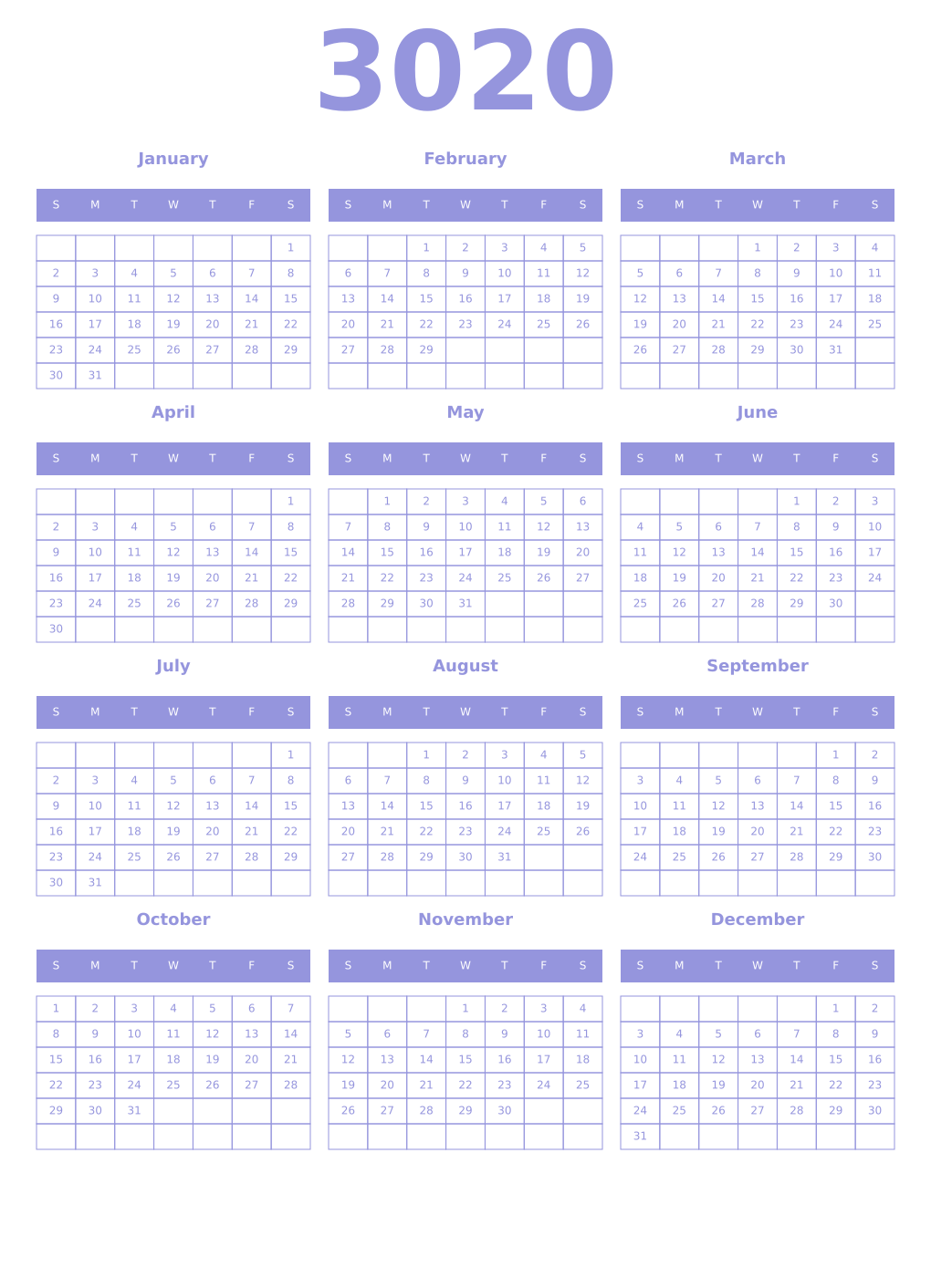 Printable 3020 Year Calendars periwinkle
