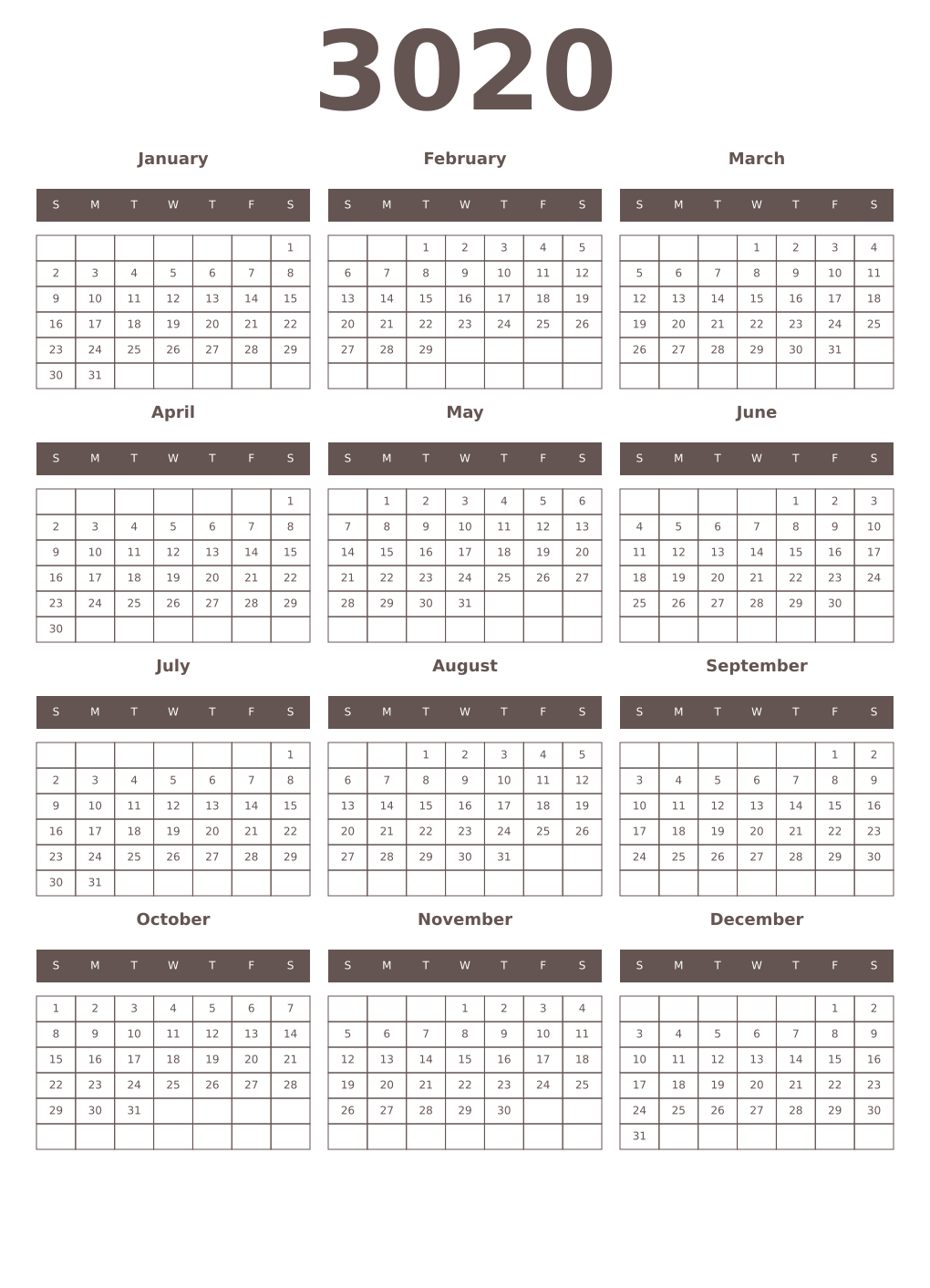 Printable 3020 Year Calendars wenge
