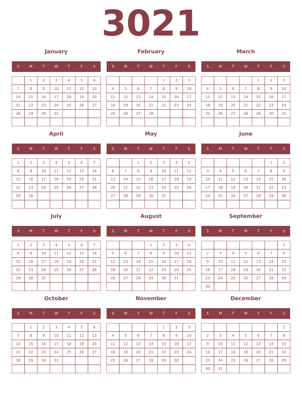 Printable 3021 Year Calendars cordovan