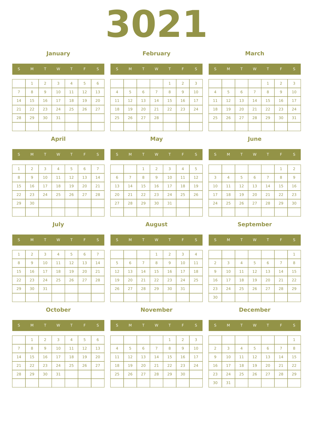 Printable 3021 Year Calendars eburnean