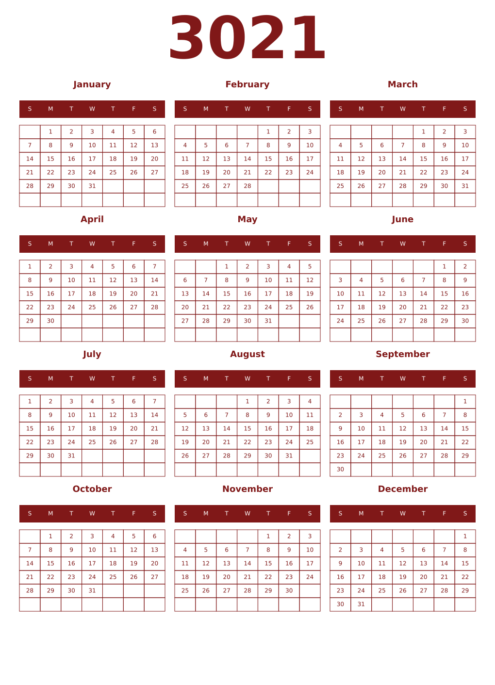 Printable 3021 Year Calendars falu