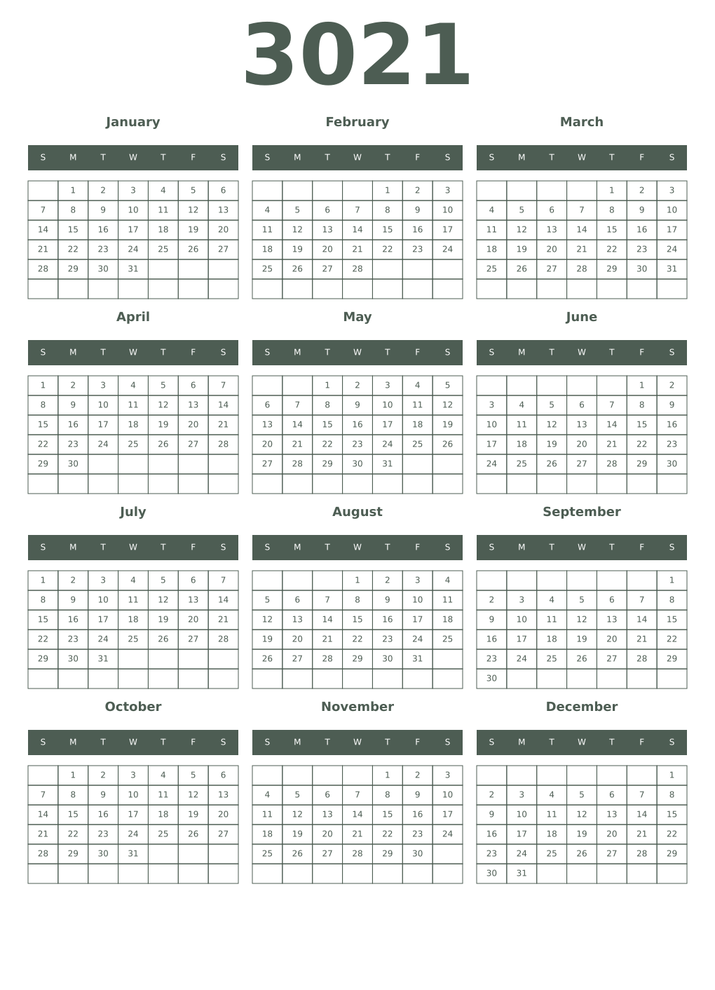 Printable 3021 Year Calendars feldgrau