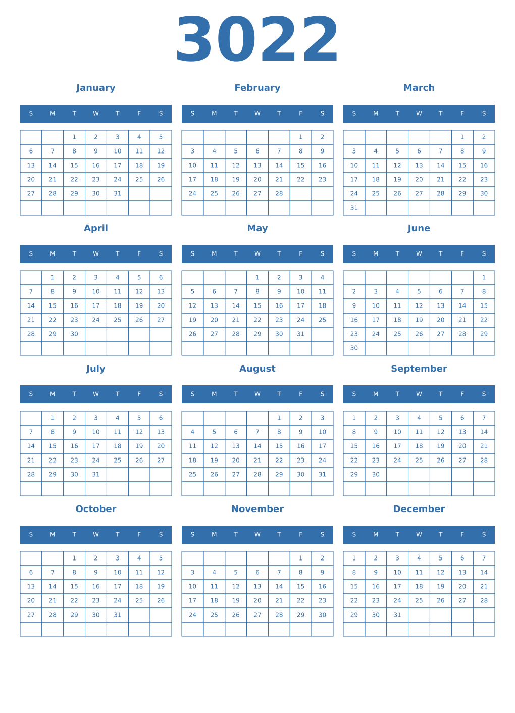 Printable 3022 Year Calendars blue