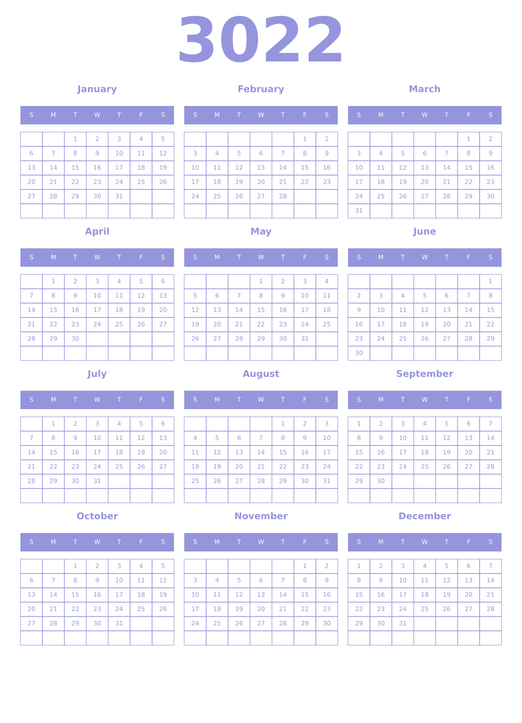Printable 3022 Year Calendars periwinkle