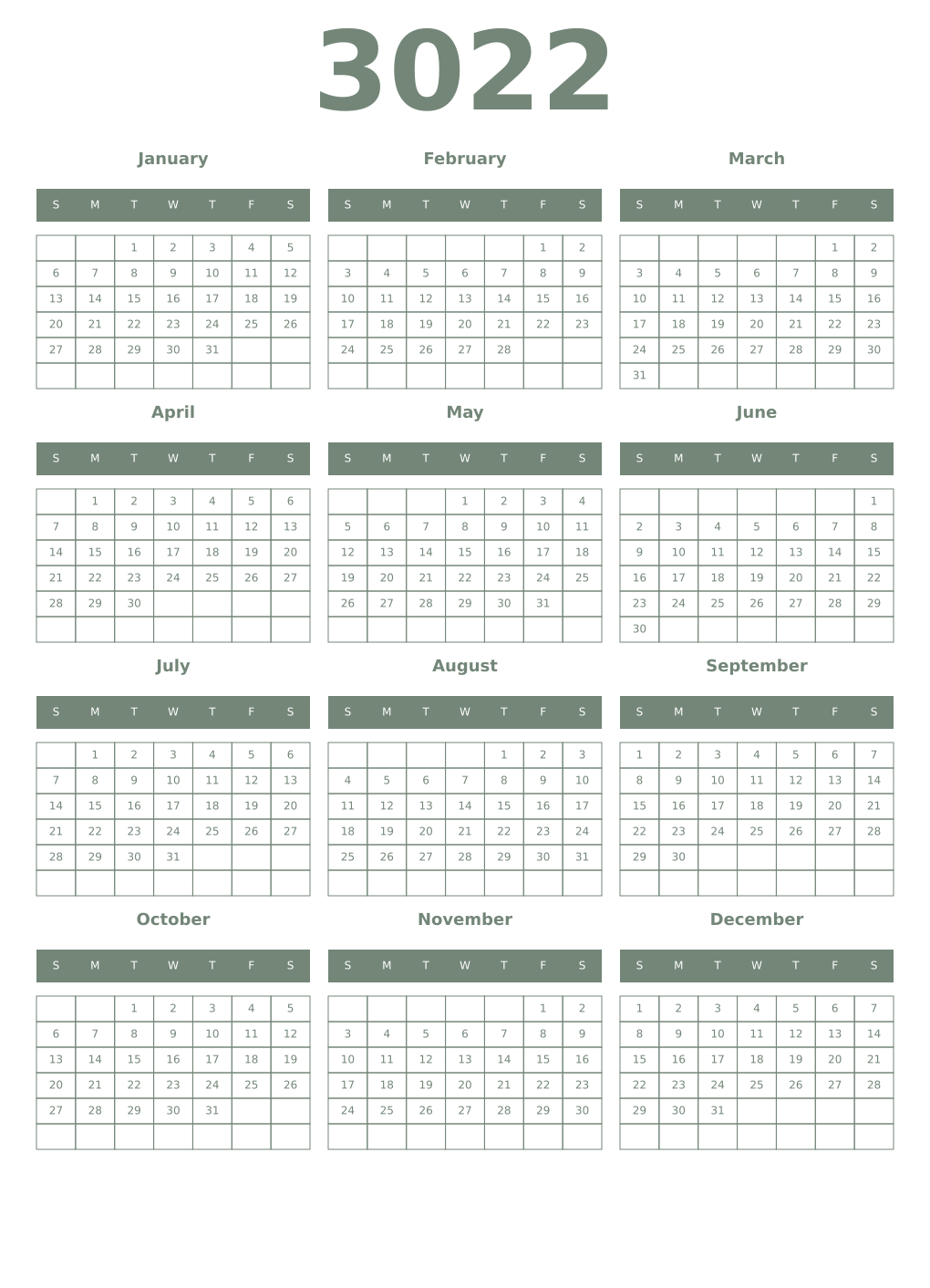 Printable 3022 Year Calendars xanadu