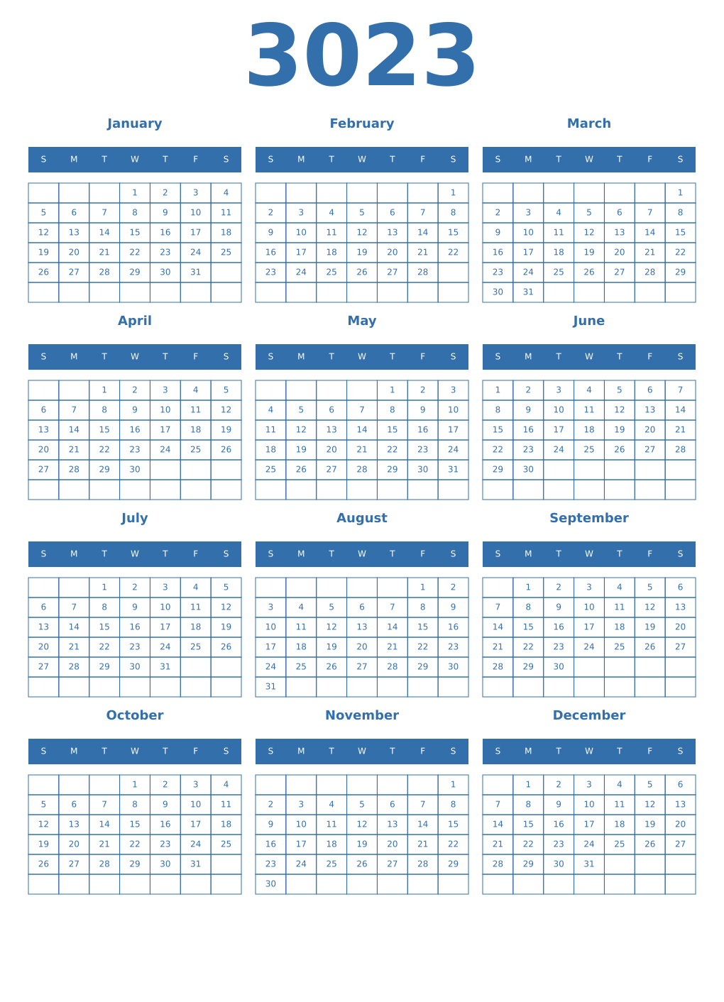 Printable 3023 Year Calendars blue