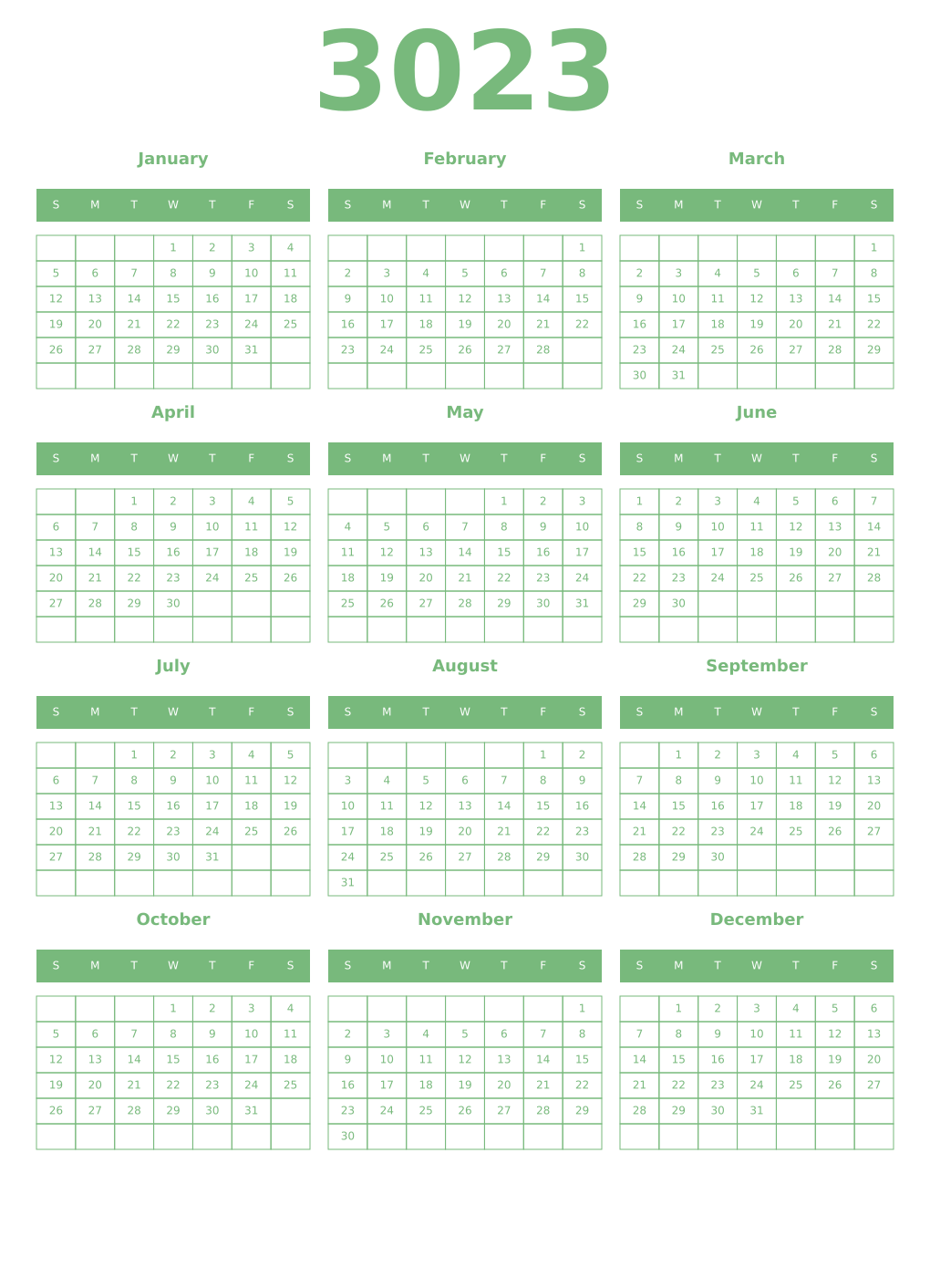 Printable 3023 Year Calendars celadon