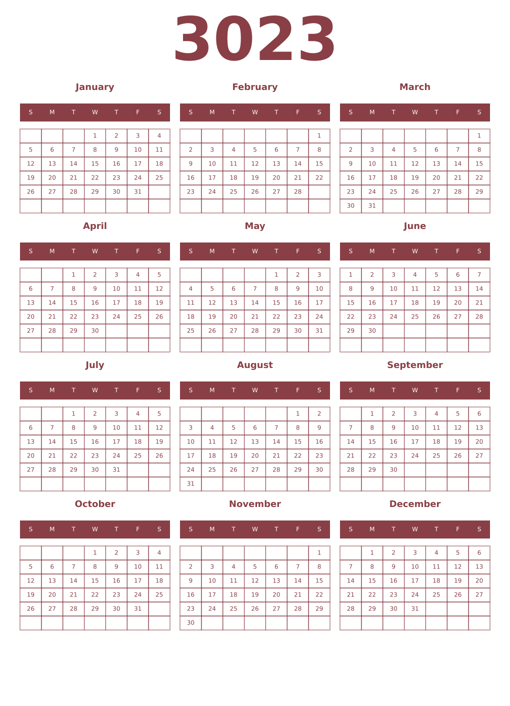 Printable 3023 Year Calendars cordovan