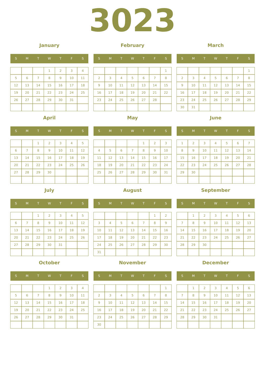 Printable 3023 Year Calendars eburnean