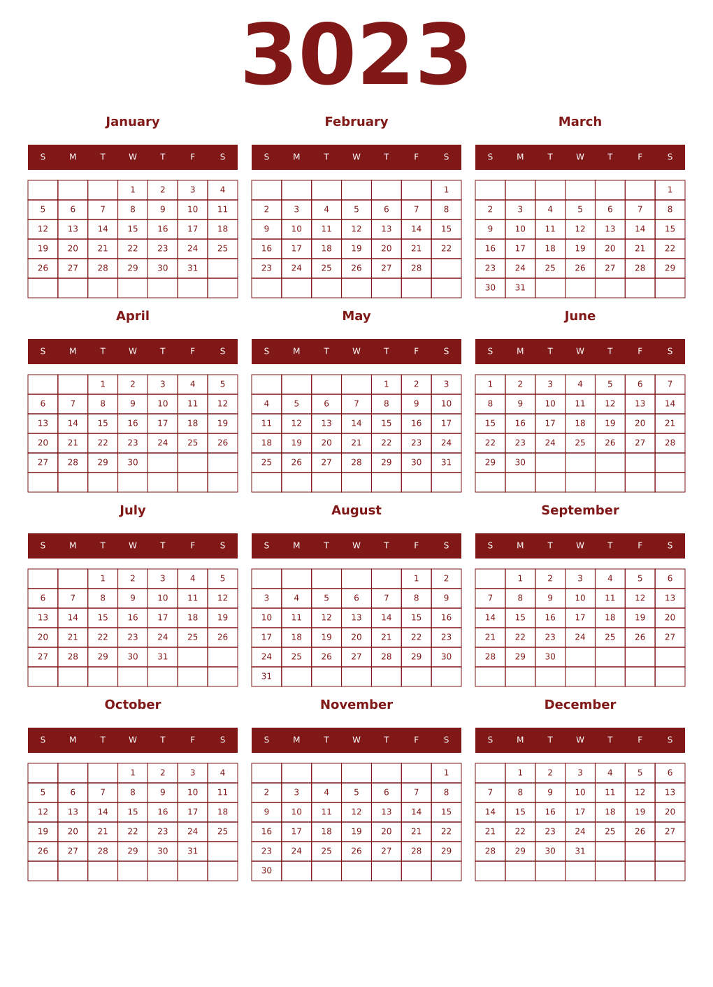 Printable 3023 Year Calendars falu