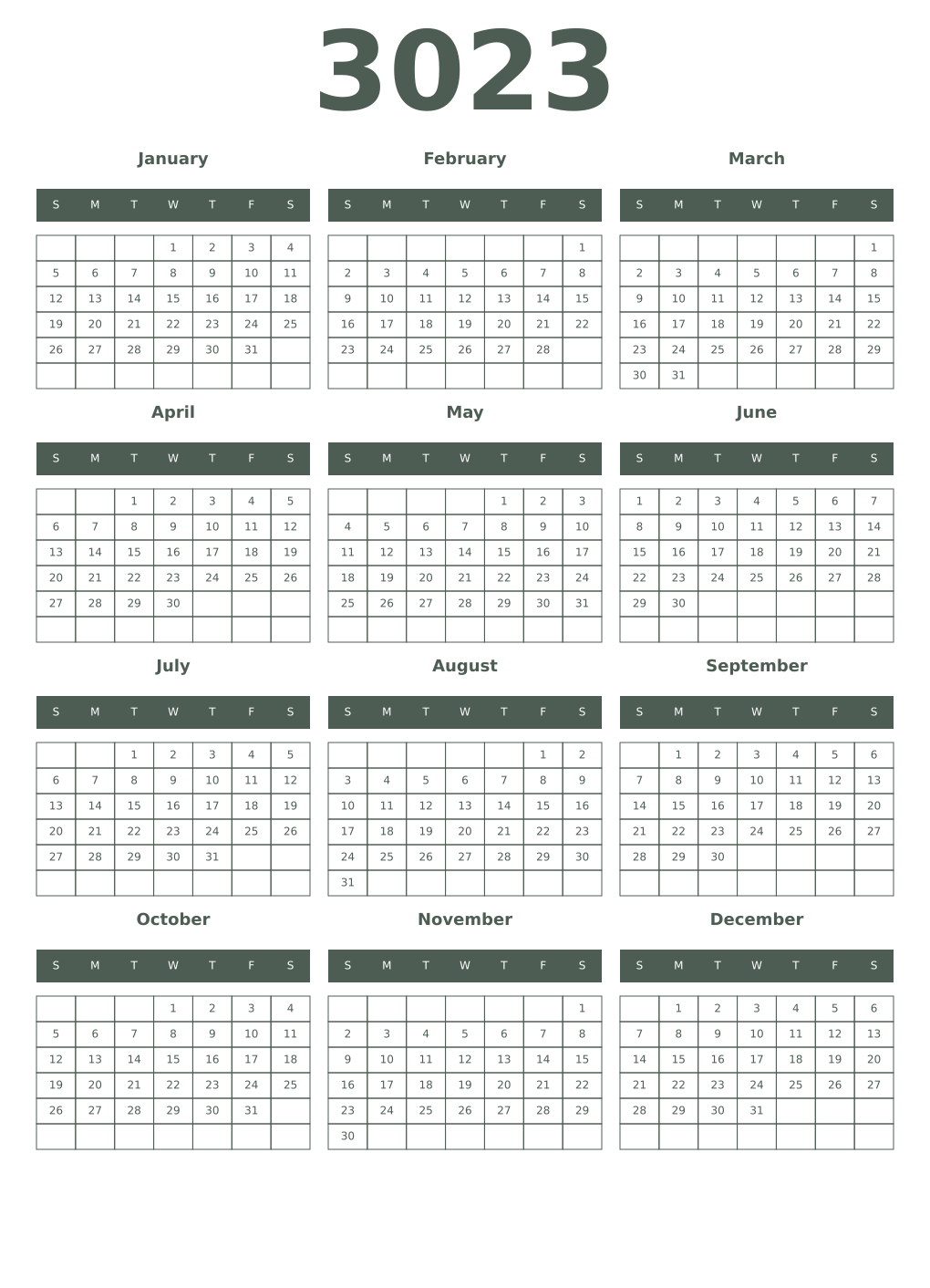 Printable 3023 Year Calendars feldgrau