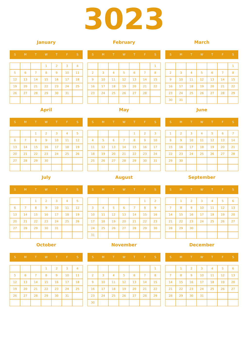 Printable 3023 Year Calendars gamboge