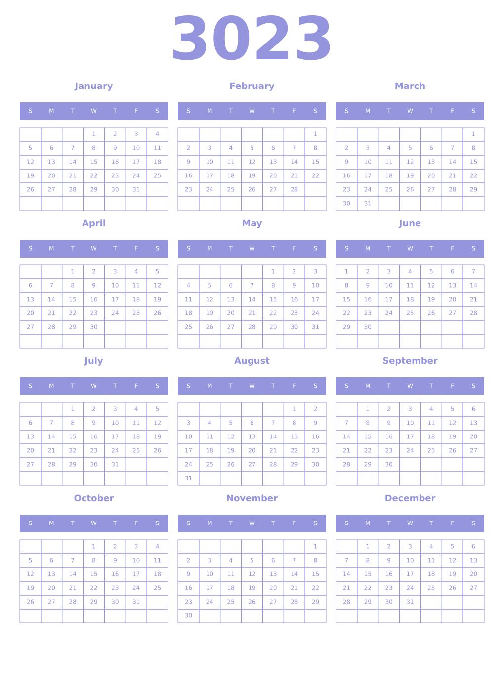 Printable 3023 Year Calendars periwinkle