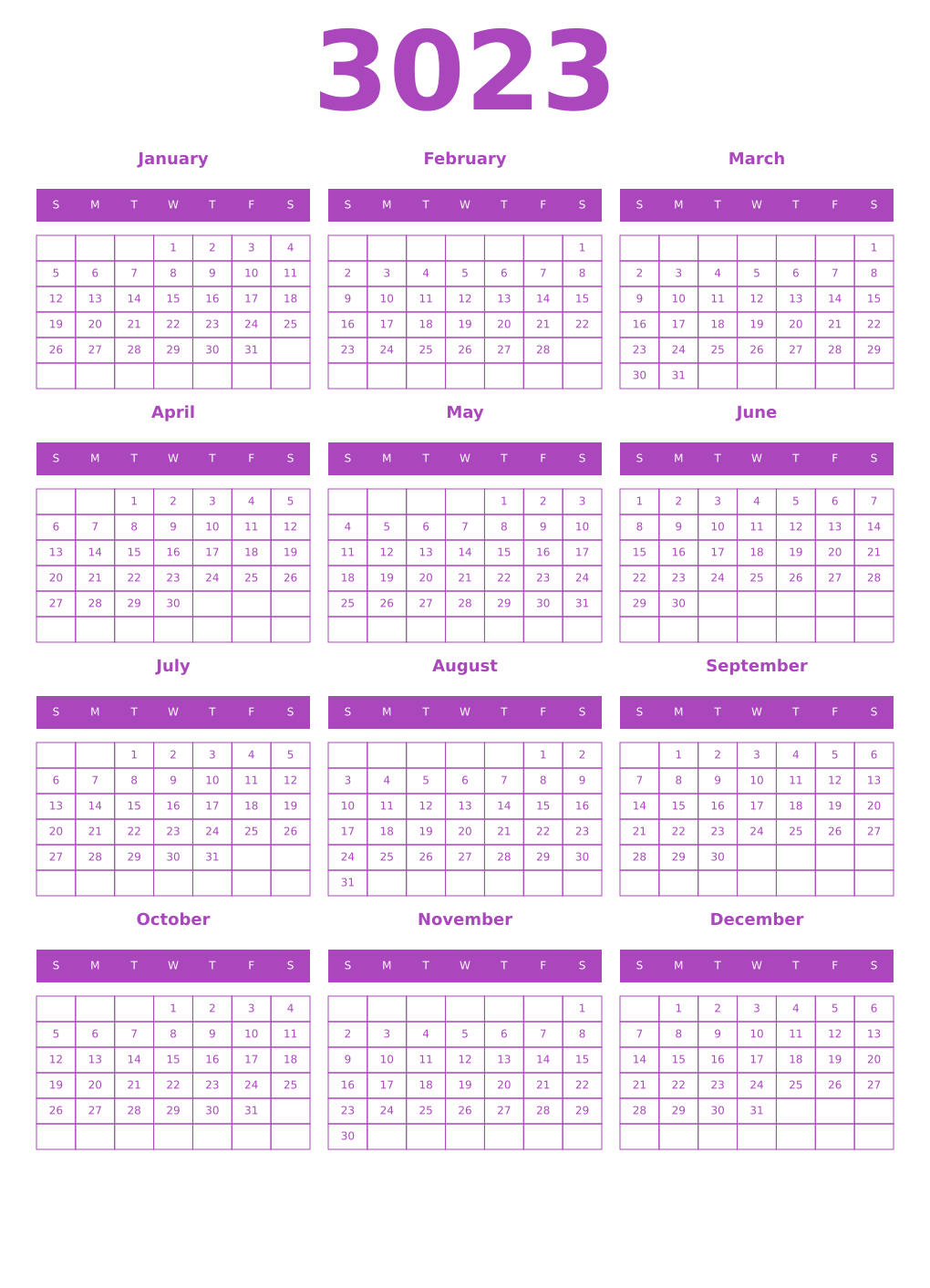 Printable 3023 Year Calendars purple