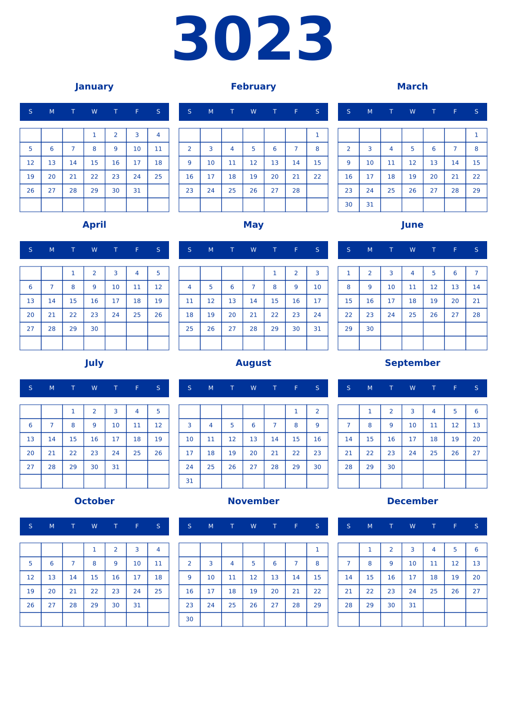 Printable 3023 Year Calendars smalt