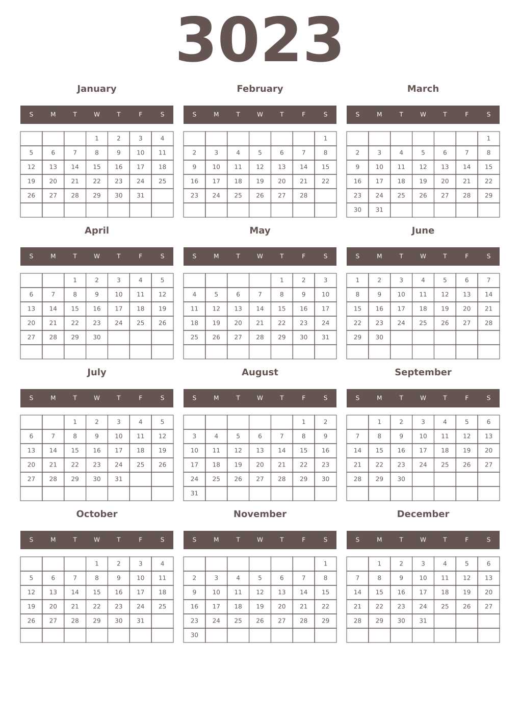 Printable 3023 Year Calendars wenge