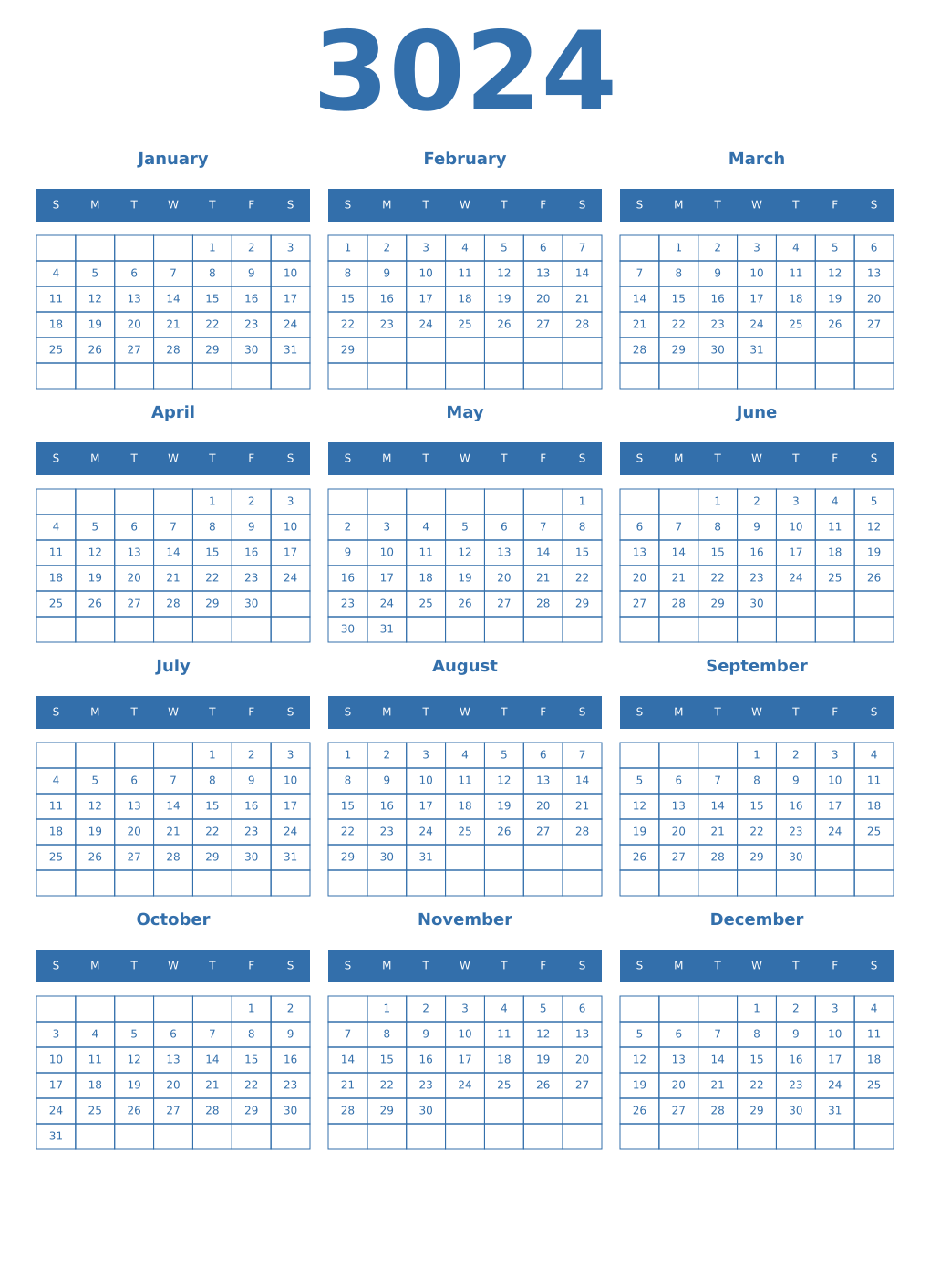 Printable 3024 Year Calendars blue