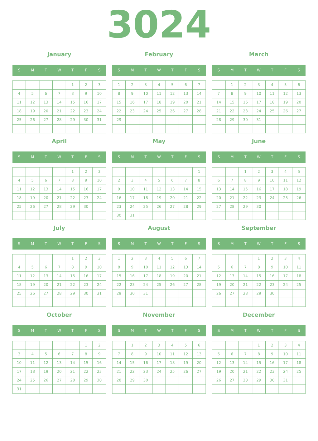 Printable 3024 Year Calendars celadon