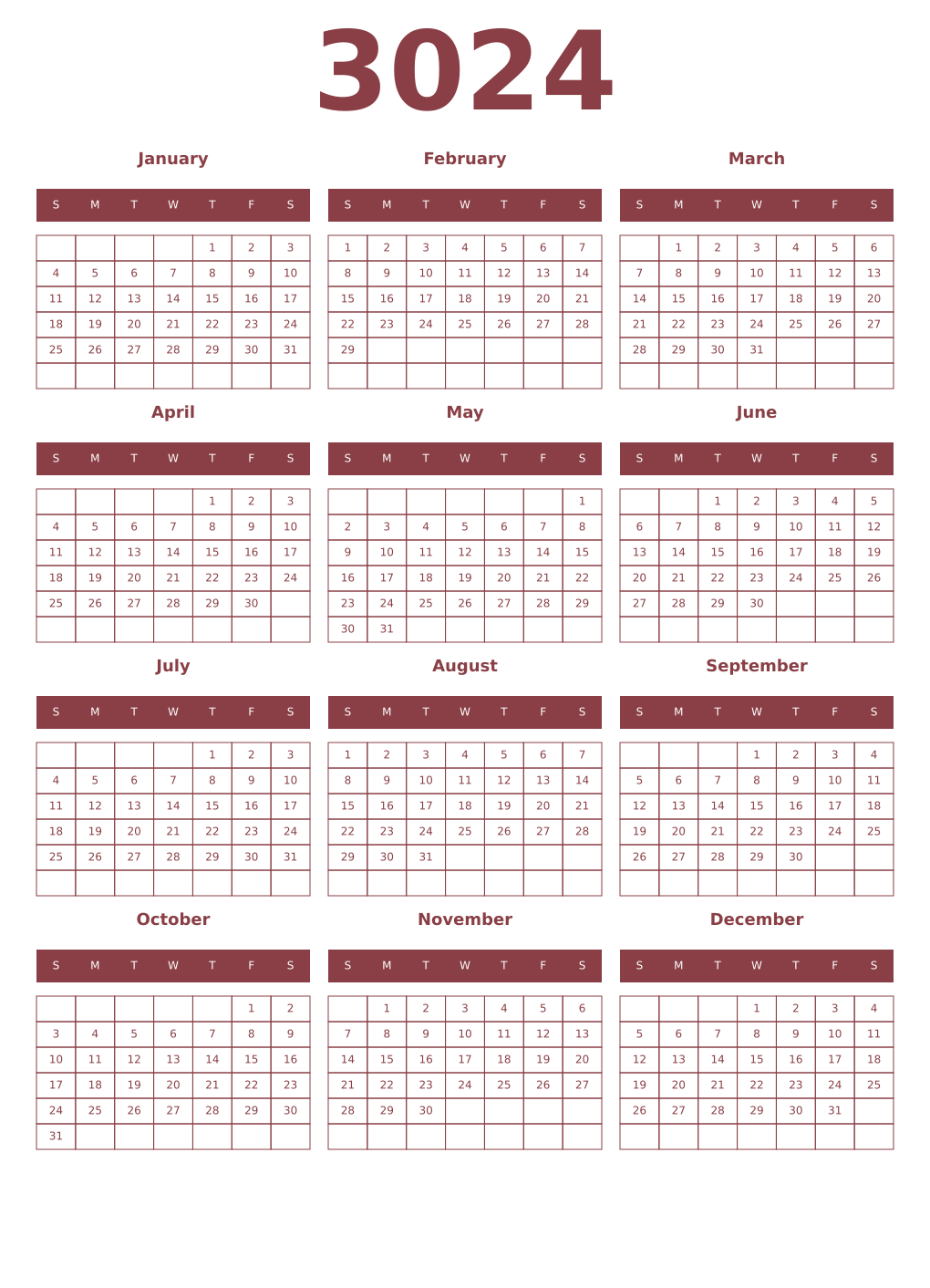 Printable 3024 Year Calendars cordovan