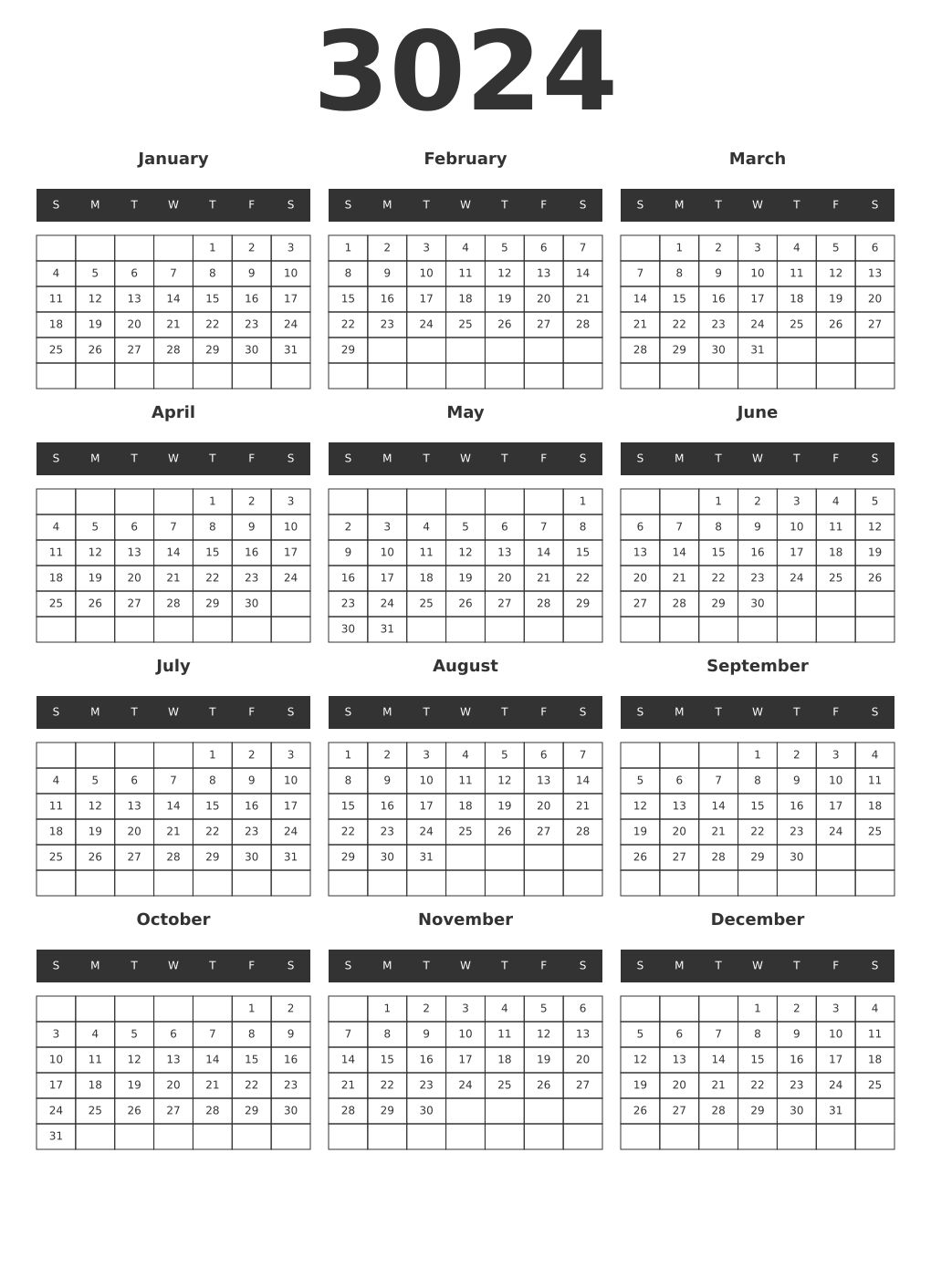 Printable 3024 Year Calendars dark