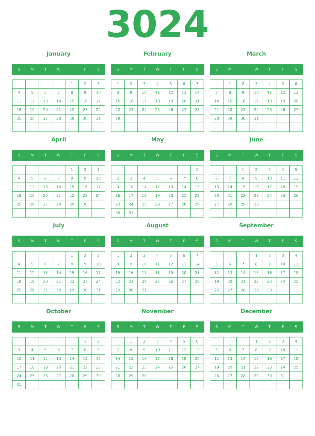 Printable 3024 Year Calendars green