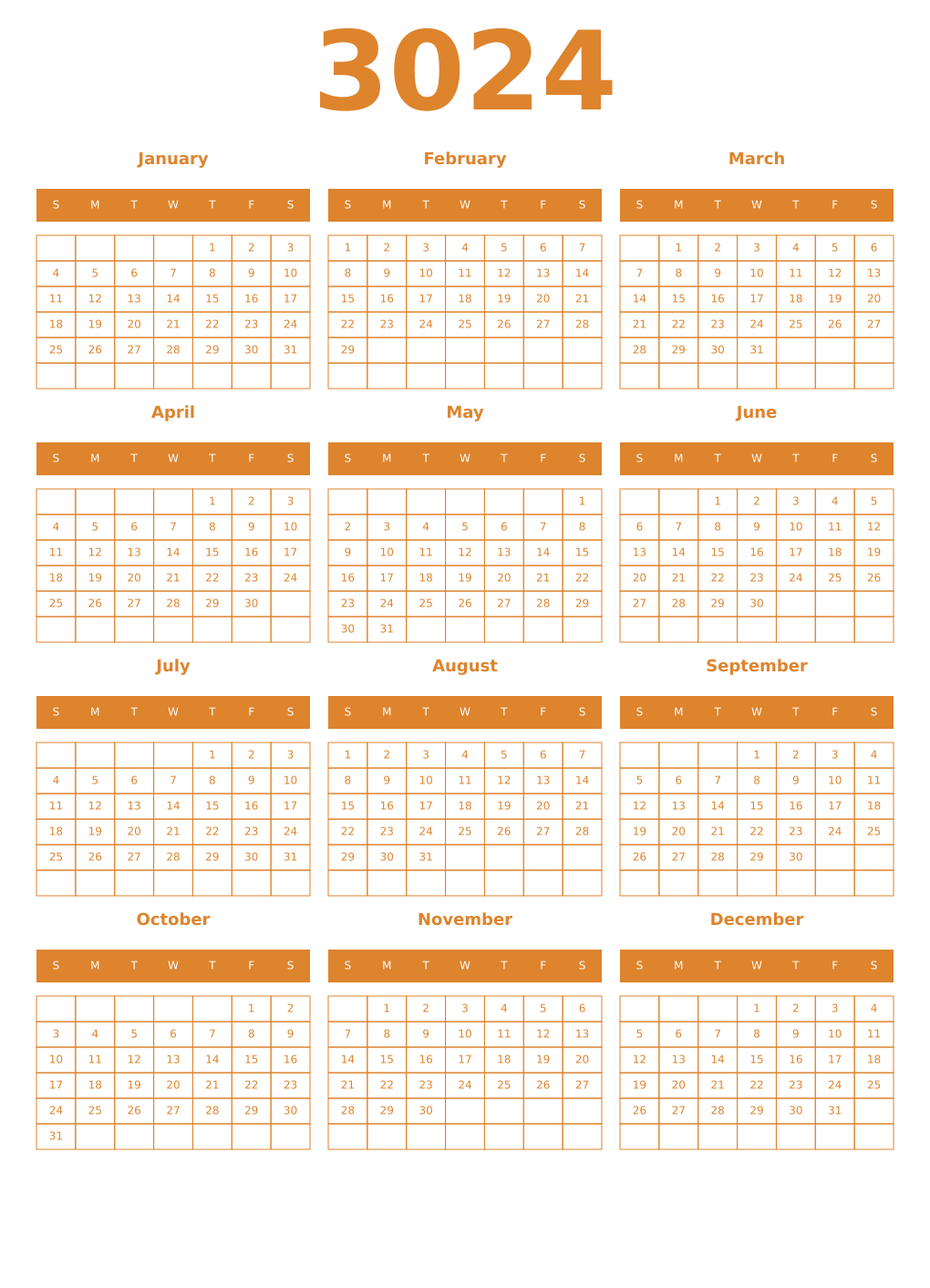 Printable 3024 Year Calendars orange