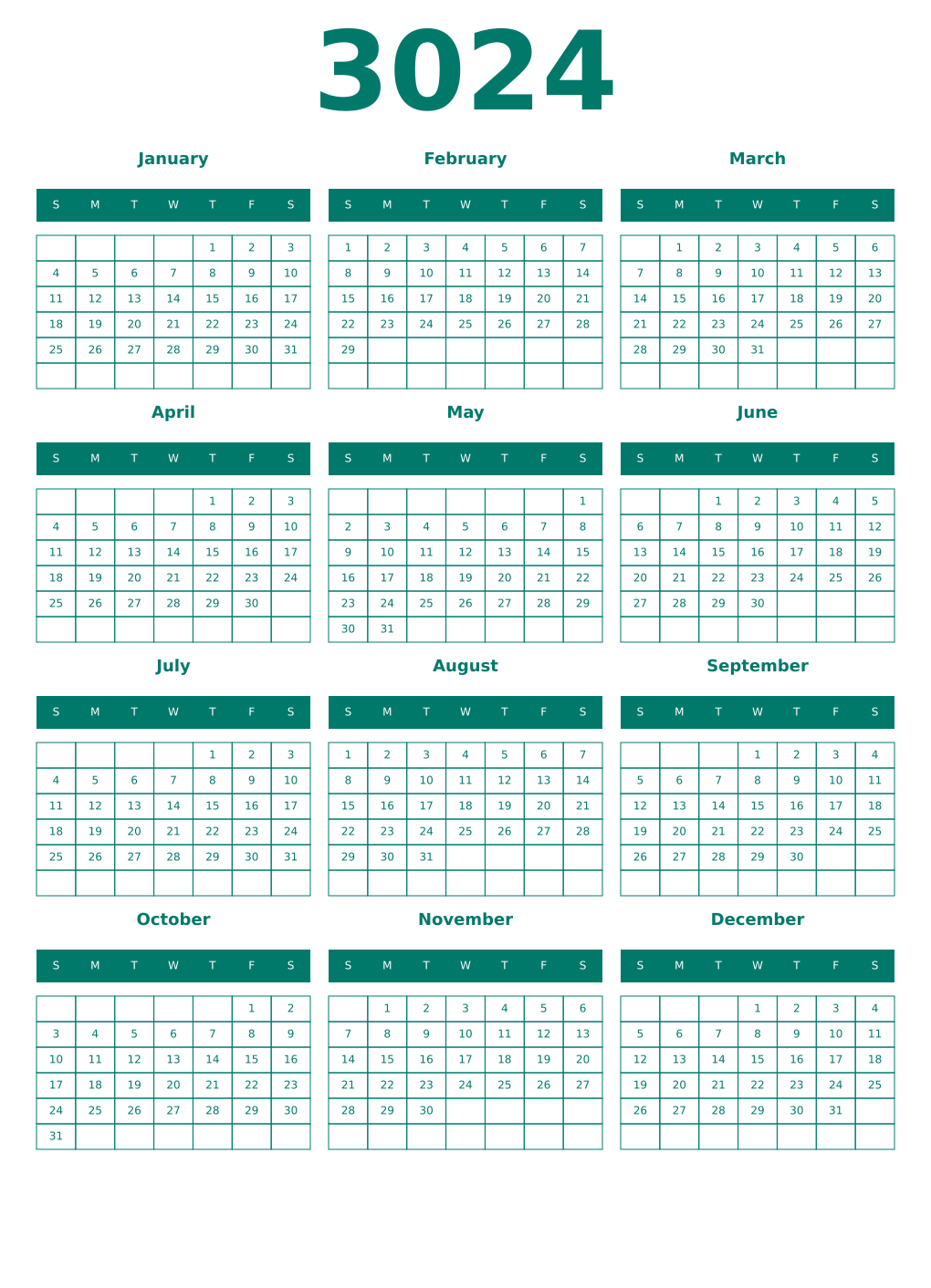 Printable 3024 Year Calendars pastel