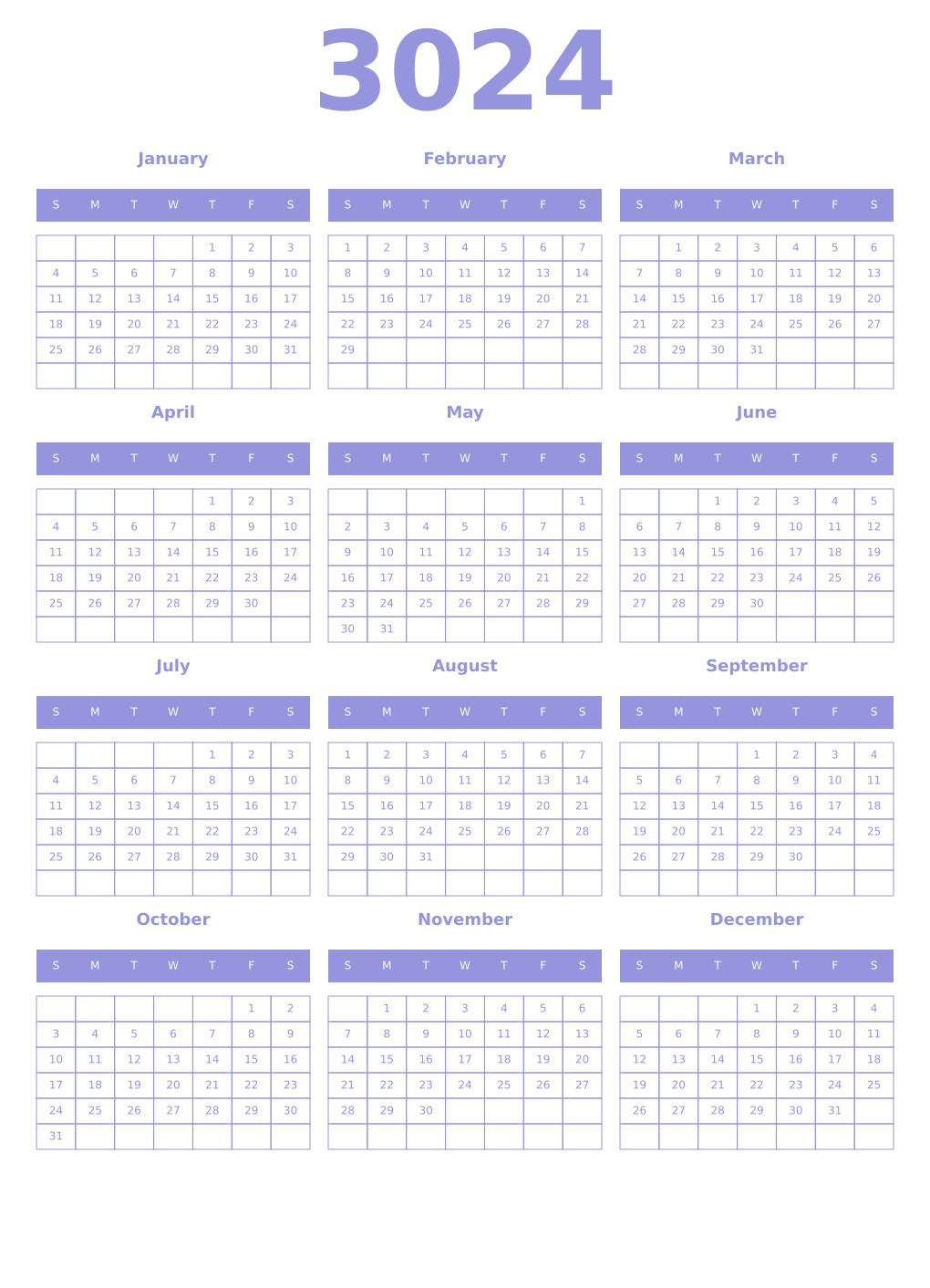 Printable 3024 Year Calendars periwinkle