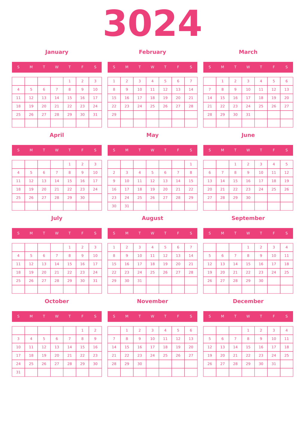 Printable 3024 Year Calendars pink