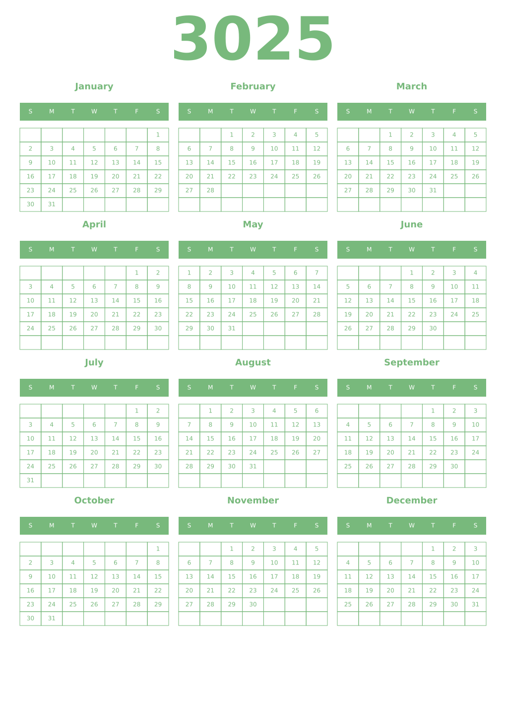 Printable 3025 Year Calendars celadon