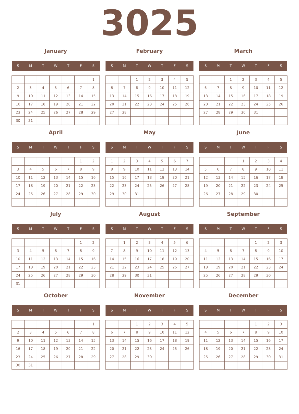 Printable 3025 Year Calendars coffe