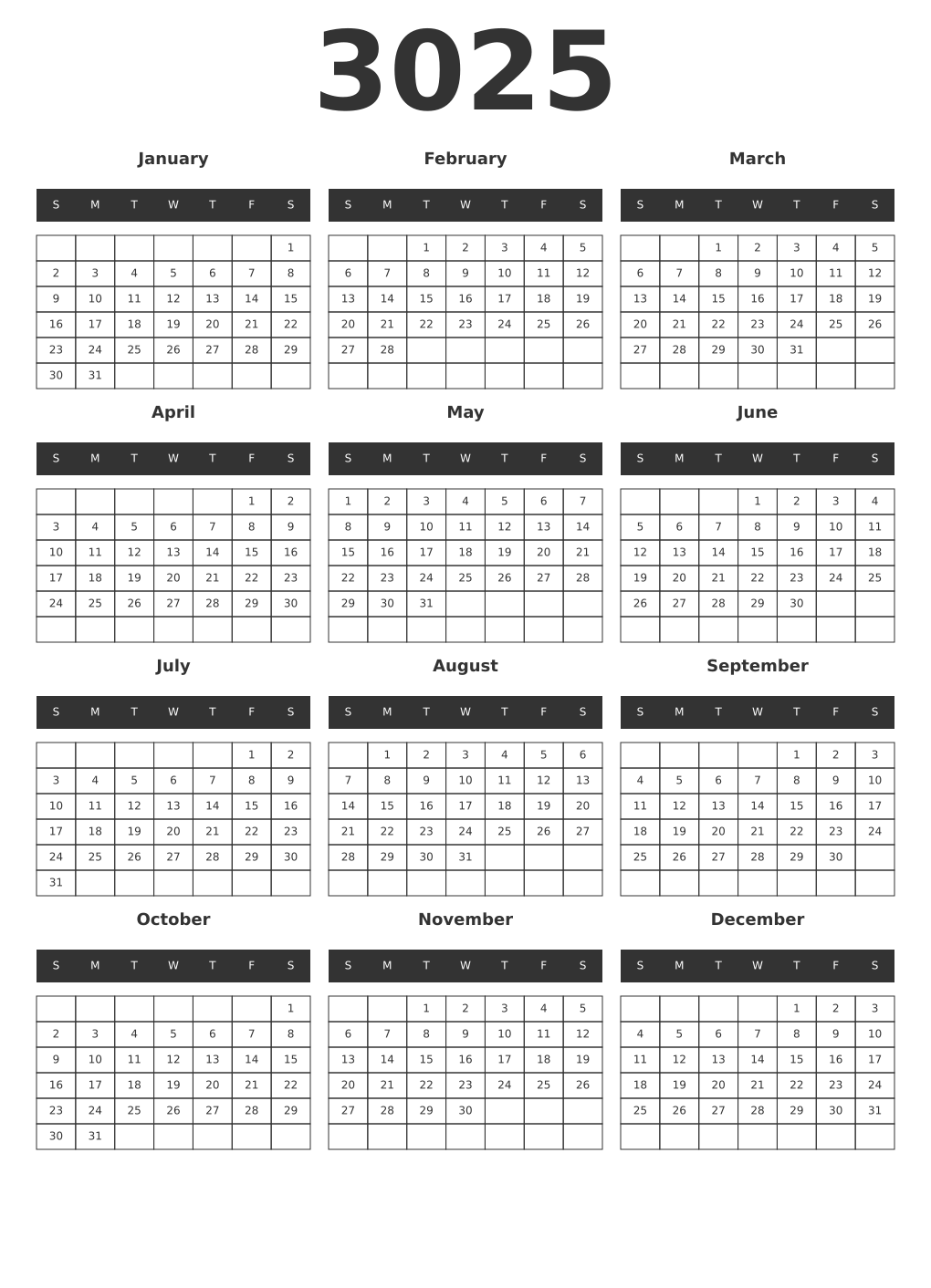 Printable 3025 Year Calendars dark