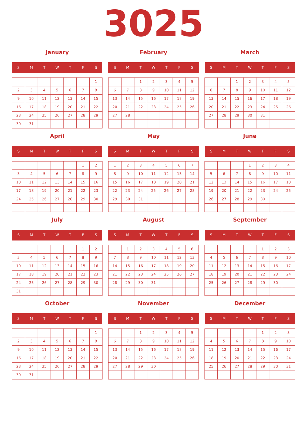 Printable 3025 Year Calendars red
