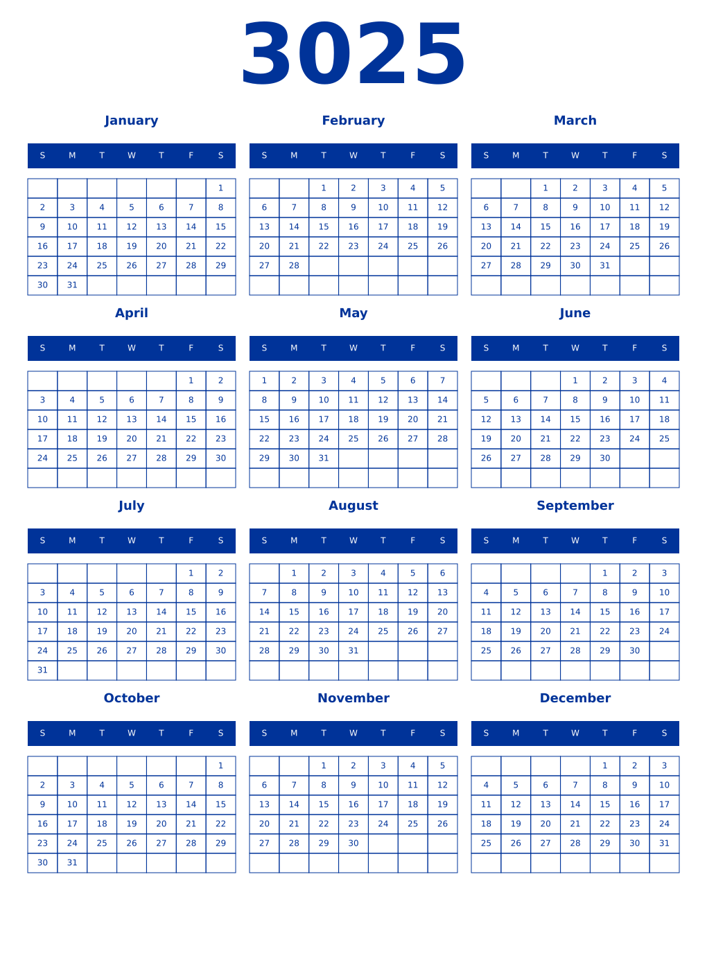 Printable 3025 Year Calendars smalt